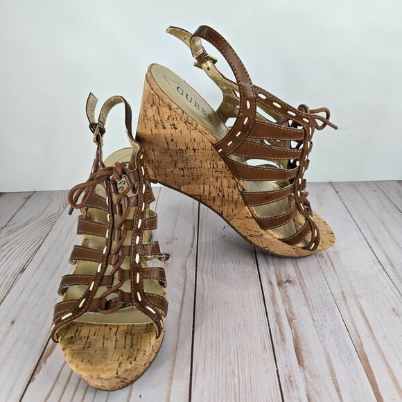 Guess brown leather gladiator lace up slingback cork platform wedges size 9M - Picture 11 of 11